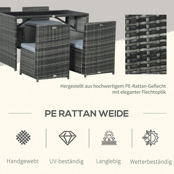 Gartenmöbel-Set aus grauem PE-Rattan-Geflecht mit Tisch und Stühlen, handgewebt, UV-beständig, langlebig und wetterbeständig.