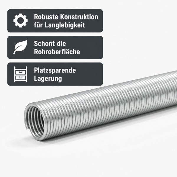 Biegefeder für Rohre aus Metall mit Infografik zur robusten Konstruktion, Oberflächenschonung und platzsparender Lagerung.