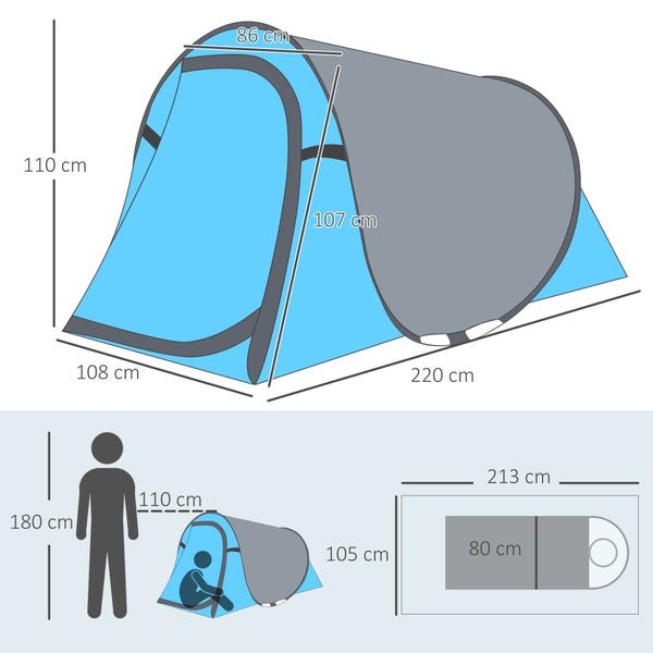 Outsunny Pop up Zelt für 1-2 Personen, Campingzelt für 3 Jahreszeiten, 220 x 108 x 110 cm, Polyester, Glasfaser, Blau+Grau