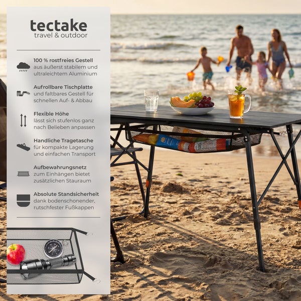 Tectake Logo, faltbarer Aluminium-Campingtisch mit aufrollbarer Platte und Aufbewahrungsnetz an einem Sandstrand mit Familie im Hintergrund.