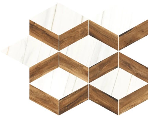 Dekorative Wandfliesen in Rautenform mit Holz- und Marmoroptik