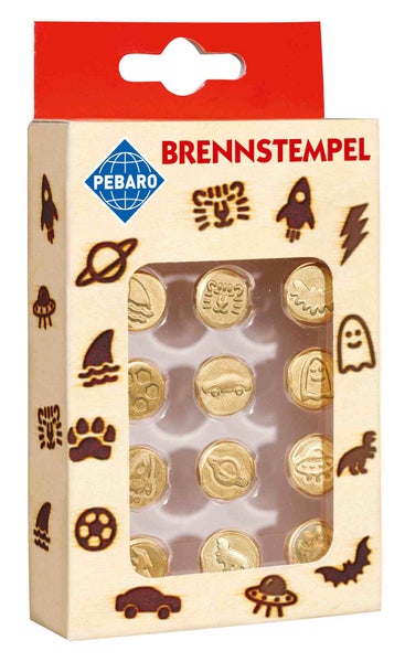 PEBARO 20800 - Brennstempel, 12-teilig, Motiv: Haiflosse/Tiger, Fledermaus, Fußball, Auto, Gespenst, Rakete, Planet/Raumschiff/Pfote/Dino/Blitz, passend zum Pebaro-Brandmalkolben, Brandmalerei