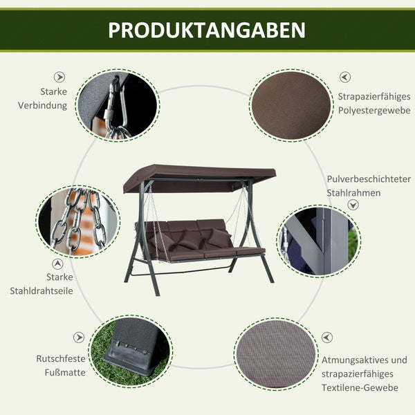 Outsunny Hollywoodschaukel, 3-Sitzer, mit Verstellbarem Sonnendach, mit Kissen, bis 270 kg Belastbar, 200 x 115 x 168 cm, Metall, Texteline, Braun