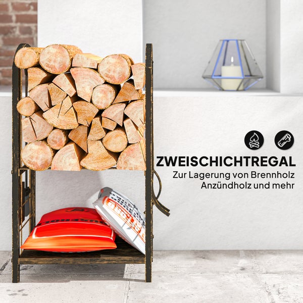 Brennholzregal aus Metall mit Holz und Anzündhilfen
