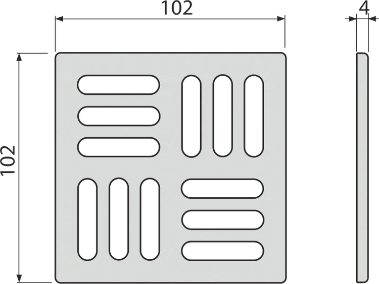 Quadratisches Lüftungsgitter mit den Maßen 102 mal 102 Millimeter und einer Dicke von 4 Millimeter.