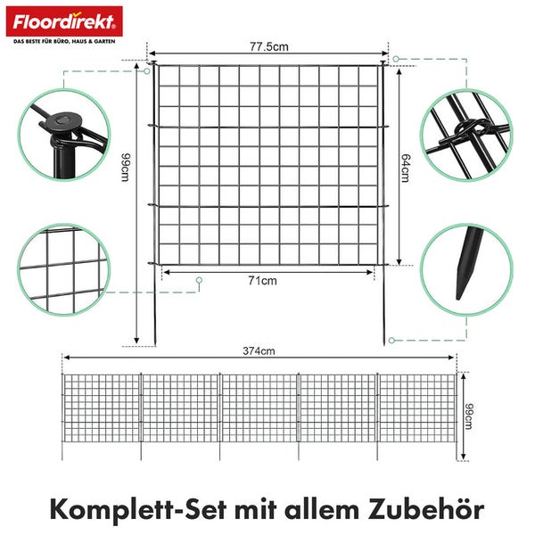 Diagramm eines Floordirekt Komplett-Sets mit Zubehör, das Maschendrahtzaunelemente mit Maßangaben zeigt