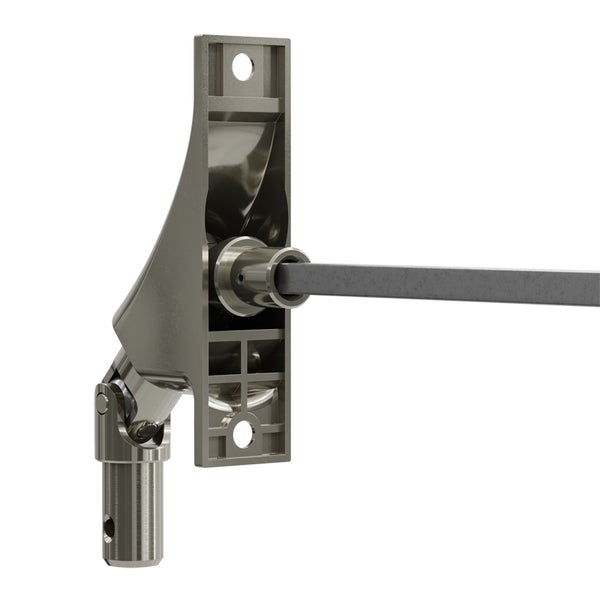 Detailansicht einer silberfarbenen Winkelkupplung für eine Duschstange