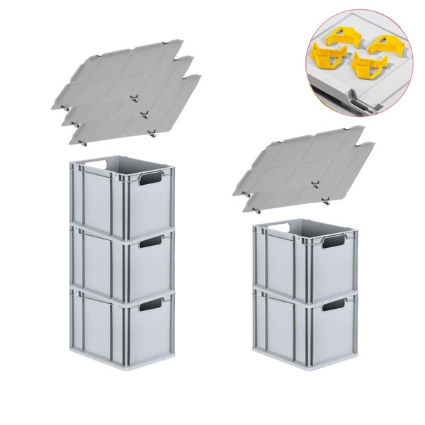 PROREGAL Spar Set 5x Eurobox Nextgen Economy Mit Auflagedeckel & 4x Schiebeschnappverschlüsse Gelb Griffe Offen HxBxT 32 x 30 x 40 cm 30 Liter
