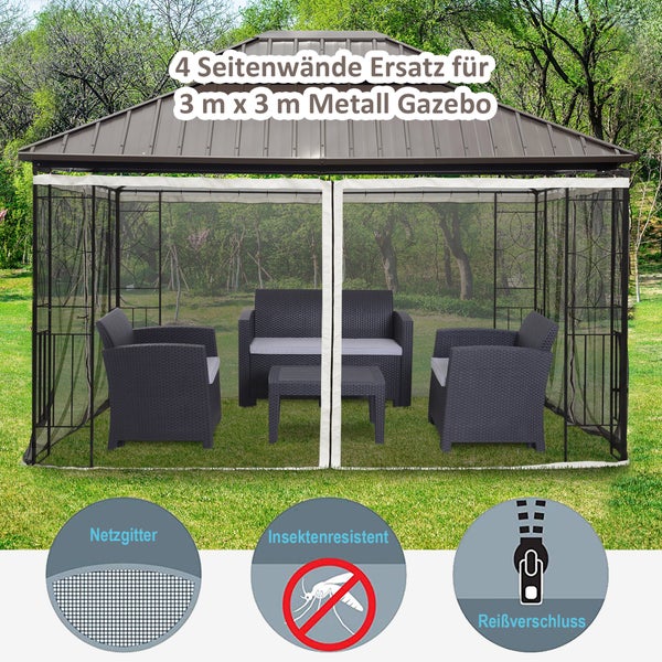 Outsunny Moskitonetz für 3x4 m Pavillon, 4 Seitenteile Fliegennetz mit Haken, 352L x 207H cm, Nylon-Mesh, Schwarz
