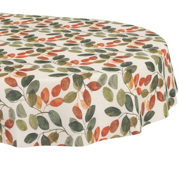 Runde Tischdecke mit Blättermuster in Grün und Orange.