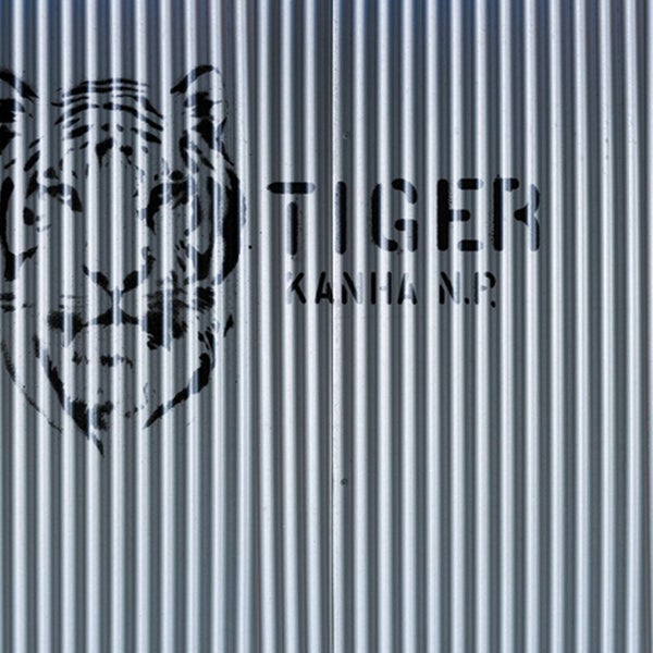 Metallwand mit Tigerkopf- und Schriftzugmuster