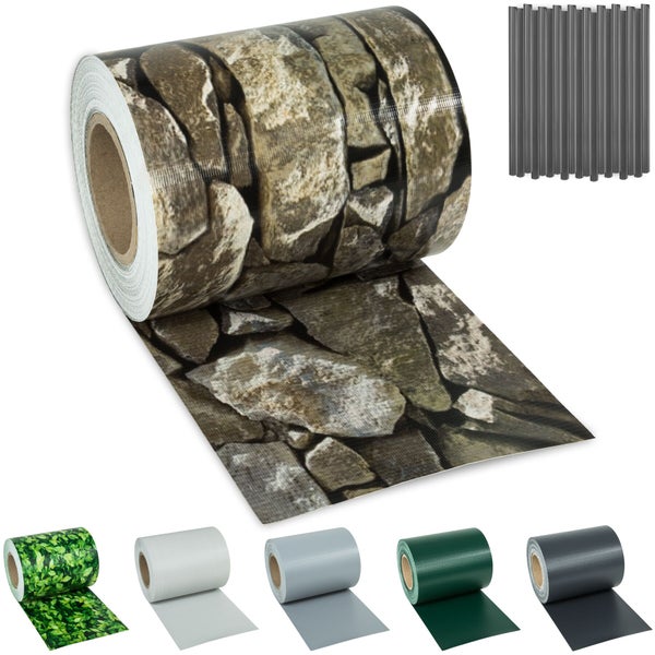 Sichtschutzstreifen für Doppelstabmattenzäune in Steinmaueroptik auf einer Rolle