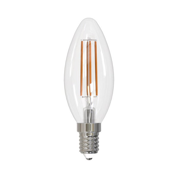 LED Filament Kerzenlampe aus klarem Glas mit E14 Sockel.