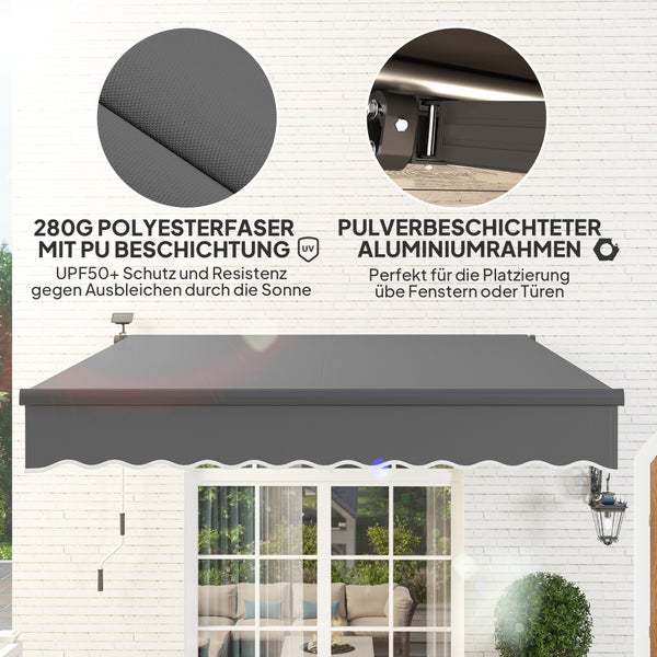 Outsunny Klemmmarkise mit Handkurbel Solar-Lichte Gelenkarmmarkise Markise Sonnenschutz UV 50+, Balkonmarkise inkl. Wandhalterung Sonnenmarkise 300 cm breit für Terrasse Balkon Veranda, Grau