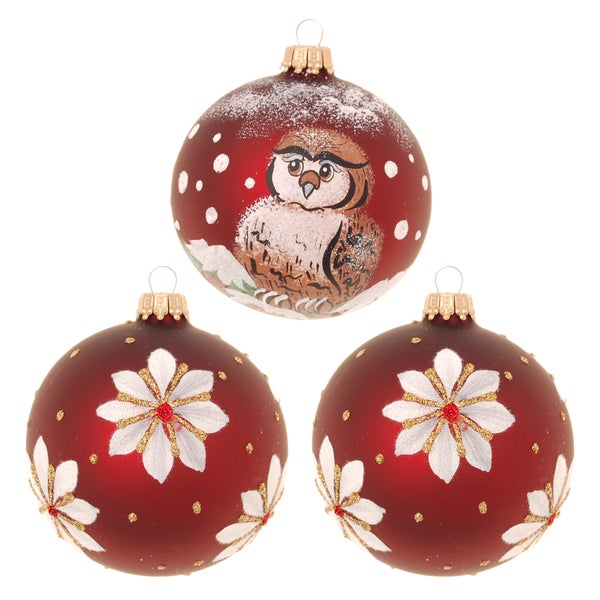 Burgundfarbig matt 8cm Glaskugelsortiment, mundgeblasen, handbemalt , 3 Stck., Weihnachtsbaumkugeln, Christbaumschmuck, Weihnachtsbaumanhänger