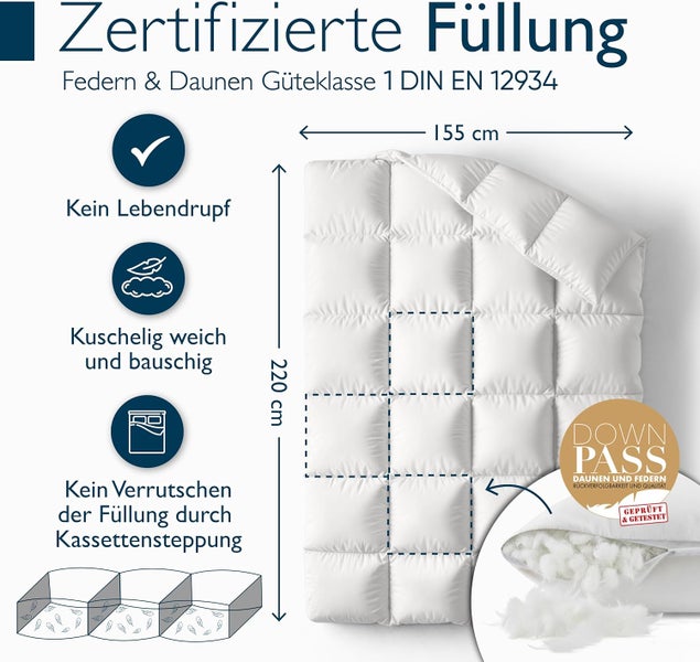 Weiße Bettdecke mit Kassettensteppung, 155 mal 220 Zentimeter, zertifizierte Federn und Daunen Güteklasse 1 nach DIN EN 12934, Downpass-Siegel.
