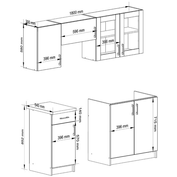 Technische Zeichnung einer Küchenzeile mit Maßen.