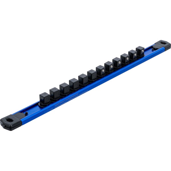 Blaue Steckschlüsselleiste aus Aluminium mit 14 schwarzen Kunststoff-Haltern zur Organisation von Steckschlüsseleinsätzen.