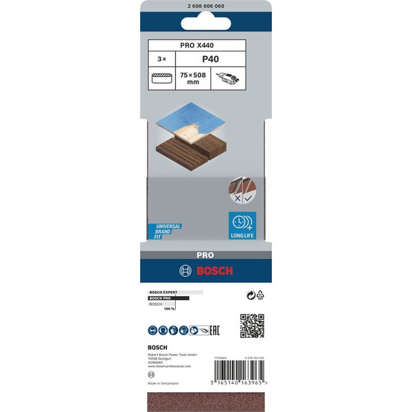 Bosch PRO X440 Schleifband Set, Körnung P40, 75x508 Millimeter, 3 Stück
