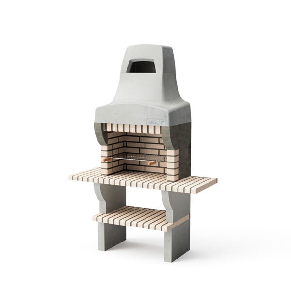 Gartengrill aus Beton mit Schornstein und Grillrost auf Ablageflächen