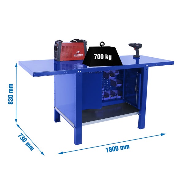 Werkbank BUFFALO METAL mit Schrank | HxBxT 83x180x73cm | Traglast 700kg | Blau
