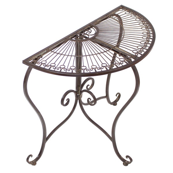 Halbrunder Beistelltisch aus Metall mit dekorativen Verzierungen.