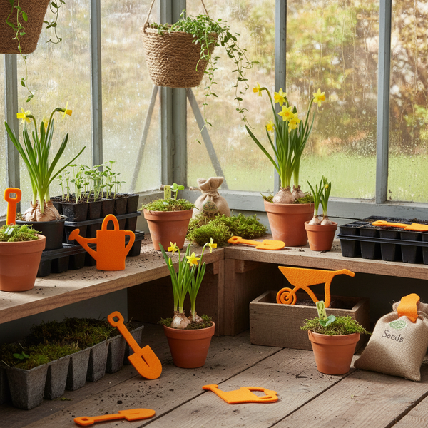 Gewächshaus mit Narzissen in Tontöpfen, Setzlingen und orangen Filz-Deko-Gartenwerkzeugen auf Holzregalen.