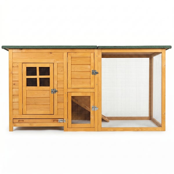 Kaninchenstall aus Holz mit integriertem Freilaufgehege, wetterfestem Dach und ausziehbarer Bodenwanne.