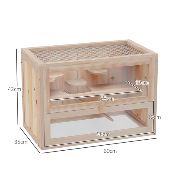 PawHut Hamsterkäfig aus Holz für Zwerghamster Nagerkäfig Kleintierkäfig mit Gitterdach und Rampe, Nagarium Käfig 60 x 35 x 42 cm Naturholz