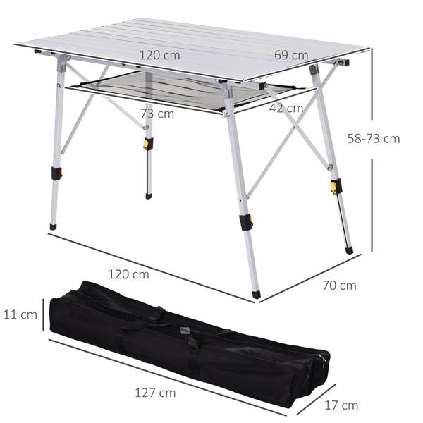 Outsunny Picknick Klapptisch, Falttisch, Höhenverstellbarer Campingtisch, Inkl. Tragetasche, Aluminium, Silber, 120 x 70 x 58-73 cm