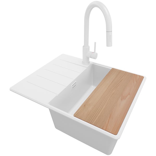 PRIMAGRAN Granitspüle Alles Weiß 62x50cm, Spülbecken 1 Becken + Küchenarmatur 40x20cm + Ablauf-Set + Schneidebrett, Küchenspüle ab 45er Unterschrank - Kopenhagen