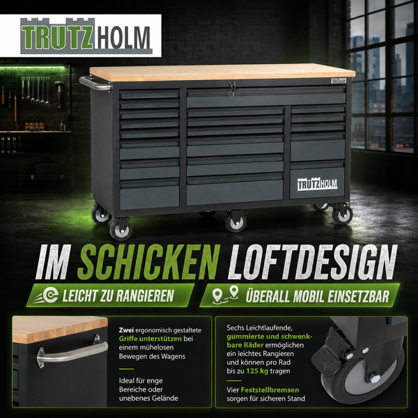 Trutzholm Werkstattwagen im Loftdesign mit Holz-Arbeitsplatte, mehreren Schubladen, sechs Rollen und ergonomischen Griffen.