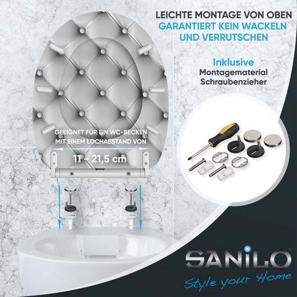 Sanilo WC-Sitz mit Steppmuster-Design, verstellbarem Befestigungssystem von 11 bis 21,5 Zentimeter und inklusive Montagematerial und Schraubendreher.