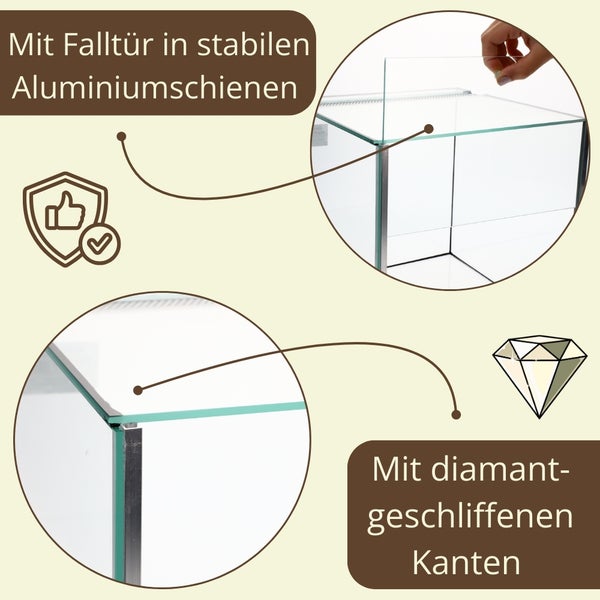 Aquarium mit Falltür in Aluminiumschienen und diamantgeschliffenen Kanten