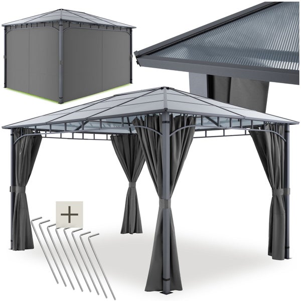 Gartenpavillon mit festem Dach aus Polycarbonat und Seitenteilen, inklusive Erdnägeln zur Bodenbefestigung.