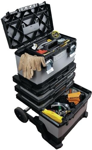 Mobiler Werkzeugwagen mit mehreren Modulen, Rollen und Teleskopgriff, gefüllt mit Hand- und Elektrowerkzeugen sowie Arbeitshandschuhen.