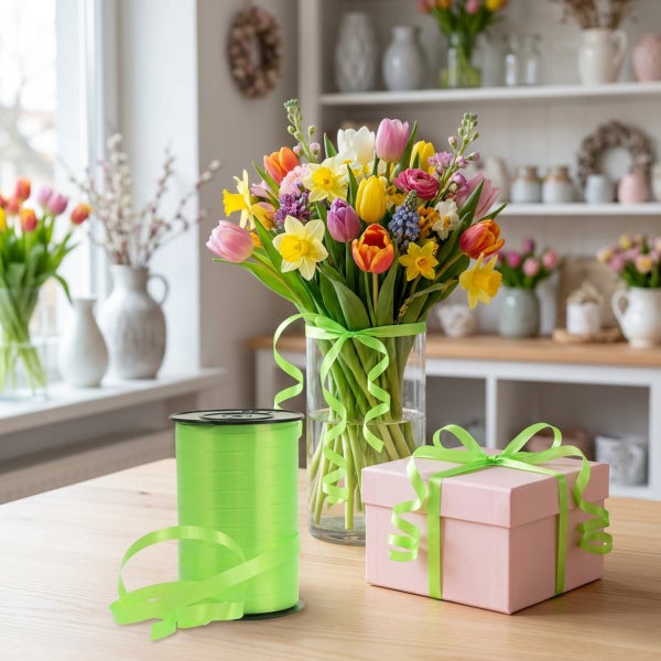 Rolle mit Geschenkband für Dekorationen auf Holztisch neben einer Glasvase mit Frühlingsblumen und einem Geschenkpaket.