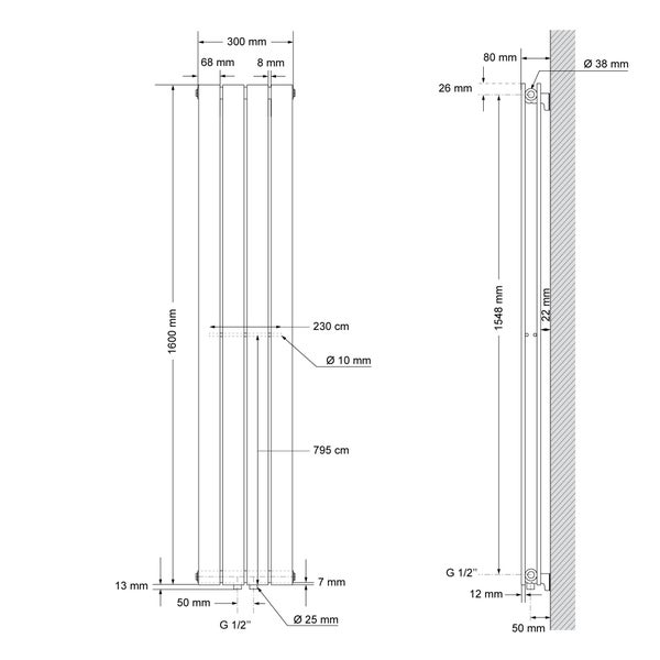 LuxeBath Paneelheizkörper Doppellagig 1600x300 mm Weiß, Design Badheizkörper Mittelanschluss, Bad/Wohnraum Heizung, Designheizkörper Flach Heizkörper, Flachheizkörper Vertikal Röhren, mit Montage-Set