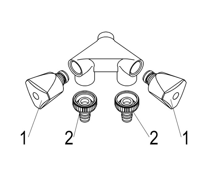 Technische Zeichnung eines Zwei-Wege-Verteilers für Wasseranschlüsse mit markierten Einzelteilen für Griffe und Schlauchstücke.