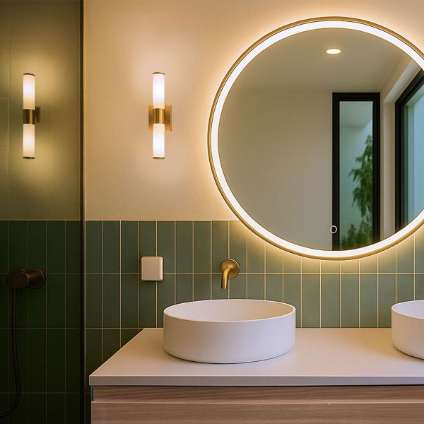 Modernes Badezimmer mit Doppelwaschtisch, rundem Spiegel mit Beleuchtung und Wandleuchten