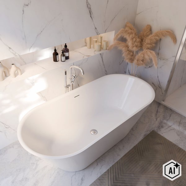 Freistehende Badewanne in modernem Badezimmer mit Marmorfliesen, Armatur und dekorativen Accessoires in heller und organisierter Atmosphäre.