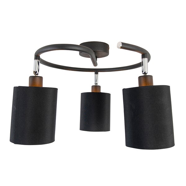 Dreiflammige Deckenleuchte mit rundem Metallgestell und zylindrischen Stoffschirmen.