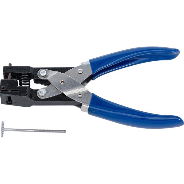 Lochzange mit blauem Griff und passendem Stift