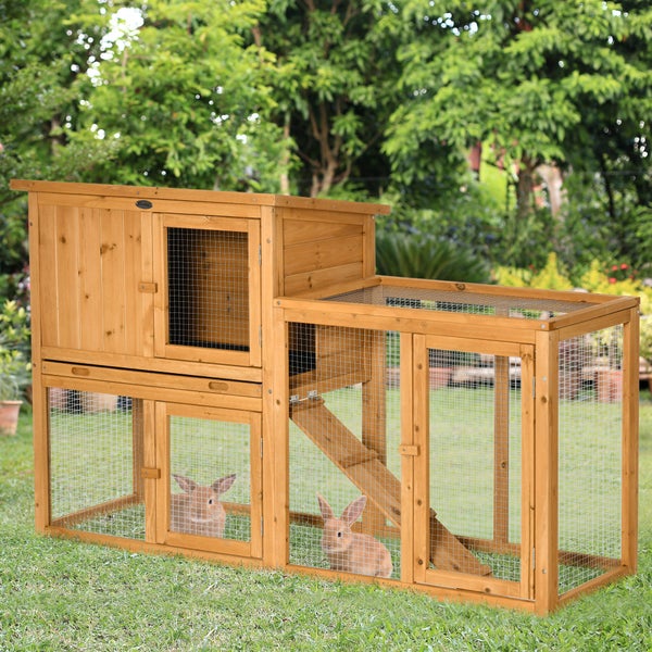 PawHut Kaninchenstall Kleintierstall mit herausnehmbarer Bodenwanne und Rampe Kleintierhaus Kleintierkäfig Outdoor Indoor Tannenholz Orange 141 x 60 x 86 cm