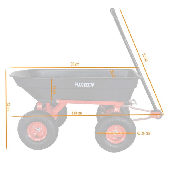 Fuxtec Gartenwagen, grau und rot, Maße: Wanne 98 Zentimeter lang, 46,5 breit, 18 tief. Höhe 48 Zentimeter, Rad 26 Zentimeter. Fuxtec Logo.