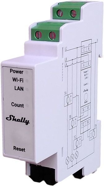 Shelly smarter Energiezähler für die Hutschienenmontage mit WLAN, LAN und Statusanzeigen.