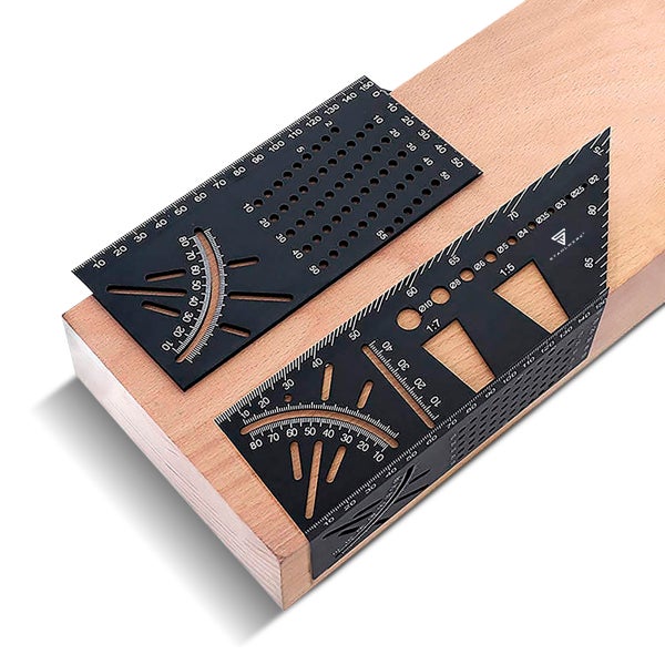 STAHLWERK 2er Set Gehrungswinkel-Lineal mit Anschlag und Bohrlehre 3D-Winkel