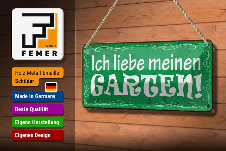 Blechschild Spruch 27x10cm ich liebe meinen Garten grünes Schild