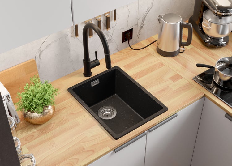 PRIMAGRAN Granitspüle Schwarz Metallic 36x47cm, Spülbecken 1 Becken + Küchenarmatur 40x20cm + Ablauf-Set, Küchenspüle ab 40er Unterschrank - London Slim