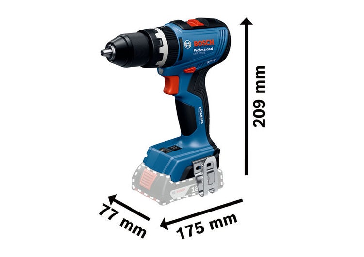 Bosch Professional Akku-Schlagbohrschrauber mit Abmessungen: Höhe 209 Millimeter, Länge 175 Millimeter, Breite 77 Millimeter.